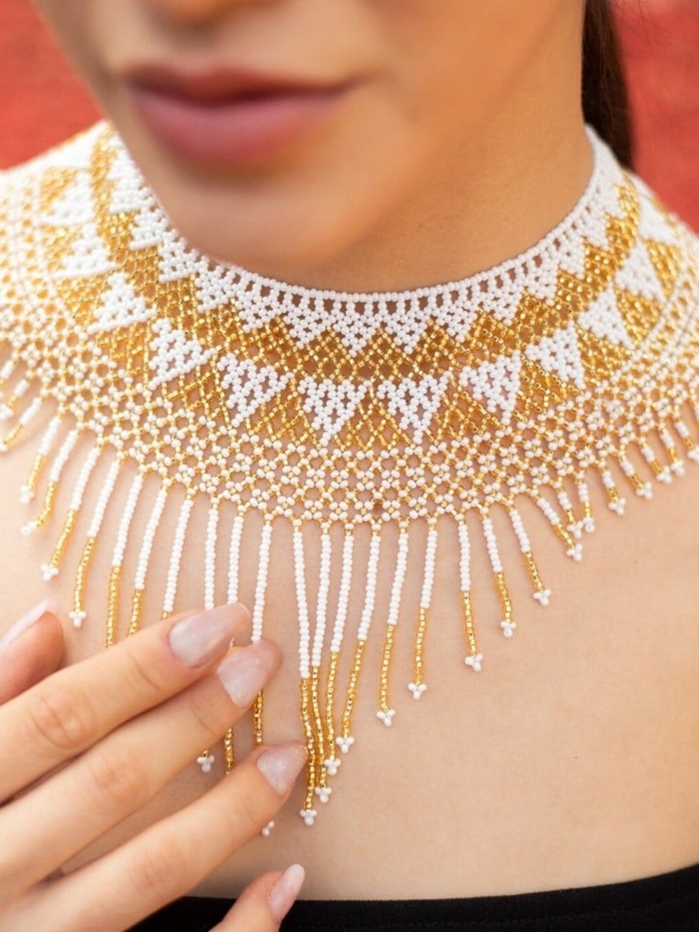 Handmade White and Gold Beaded Fringe Choker Necklace - ETRNLY Amaterasu